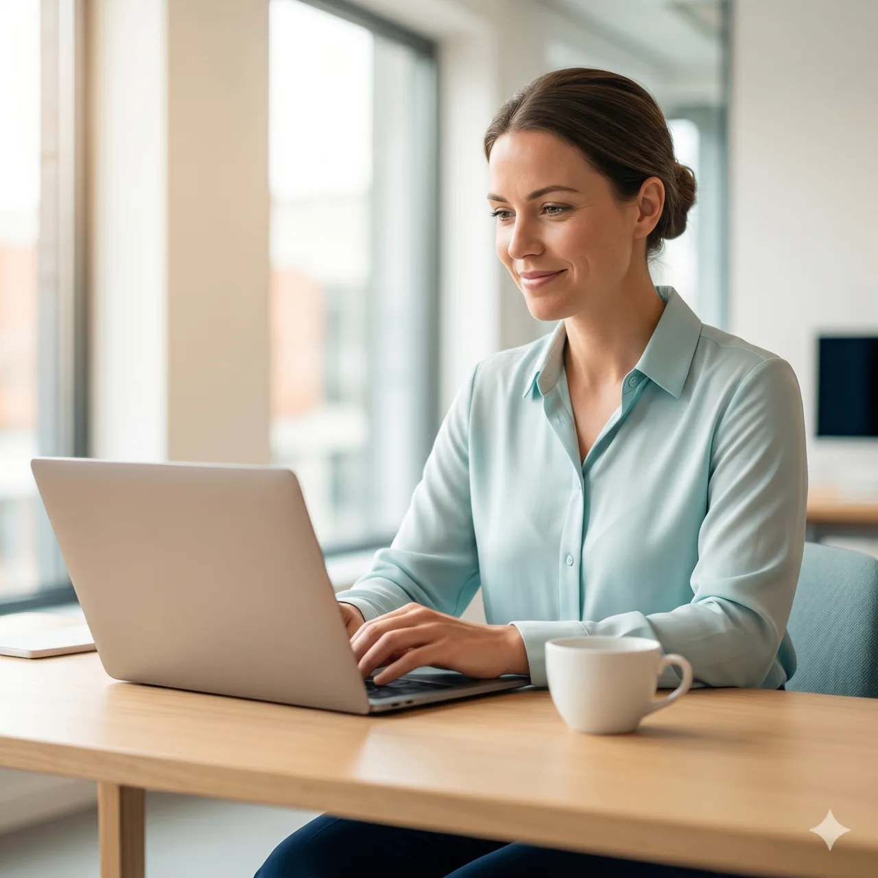 Salesprofessional met laptop en koffie in modern Nederlands kantoor