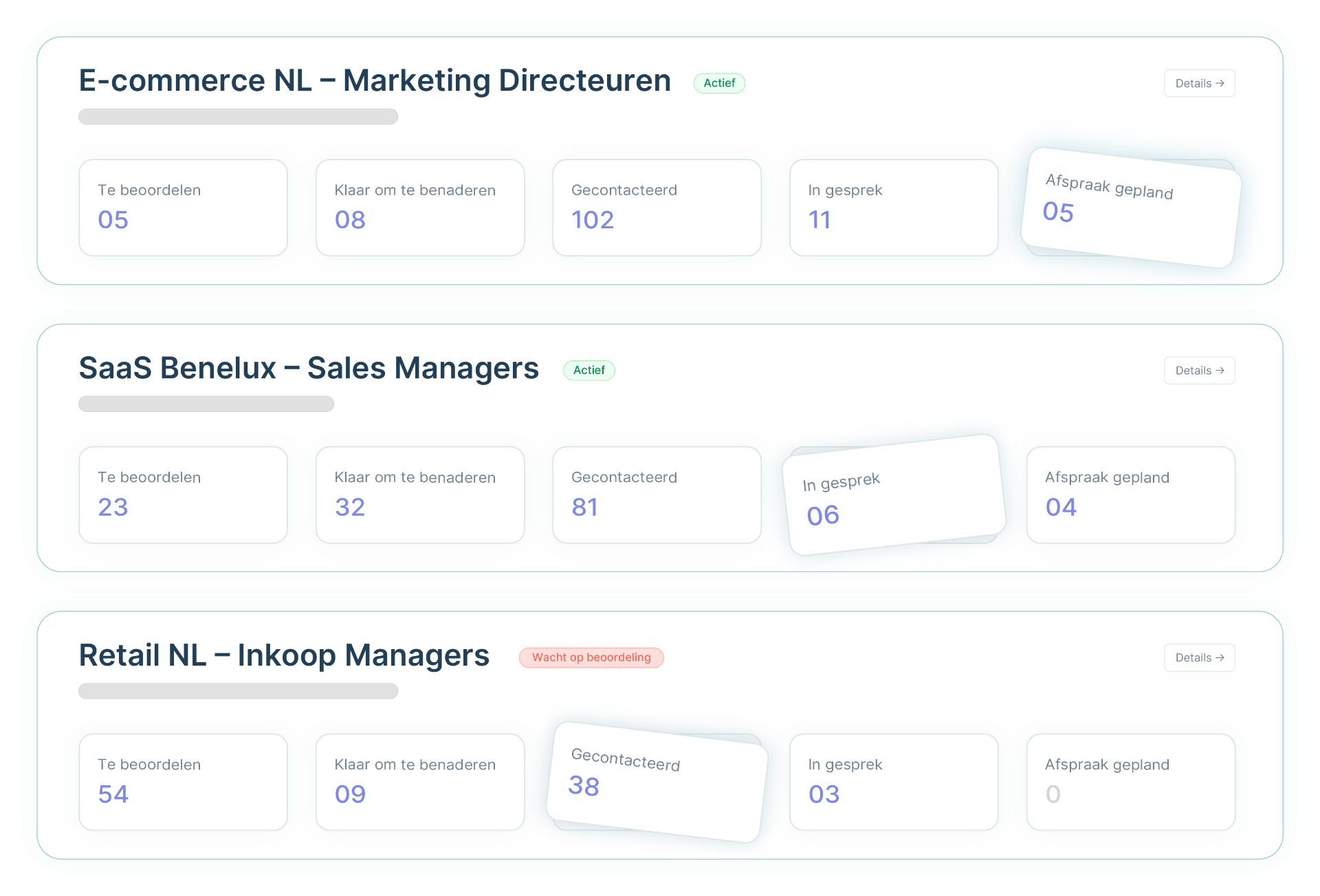Voorbeeld van het Vanelo AI dashboard met segmenten en leadstatus per campagne